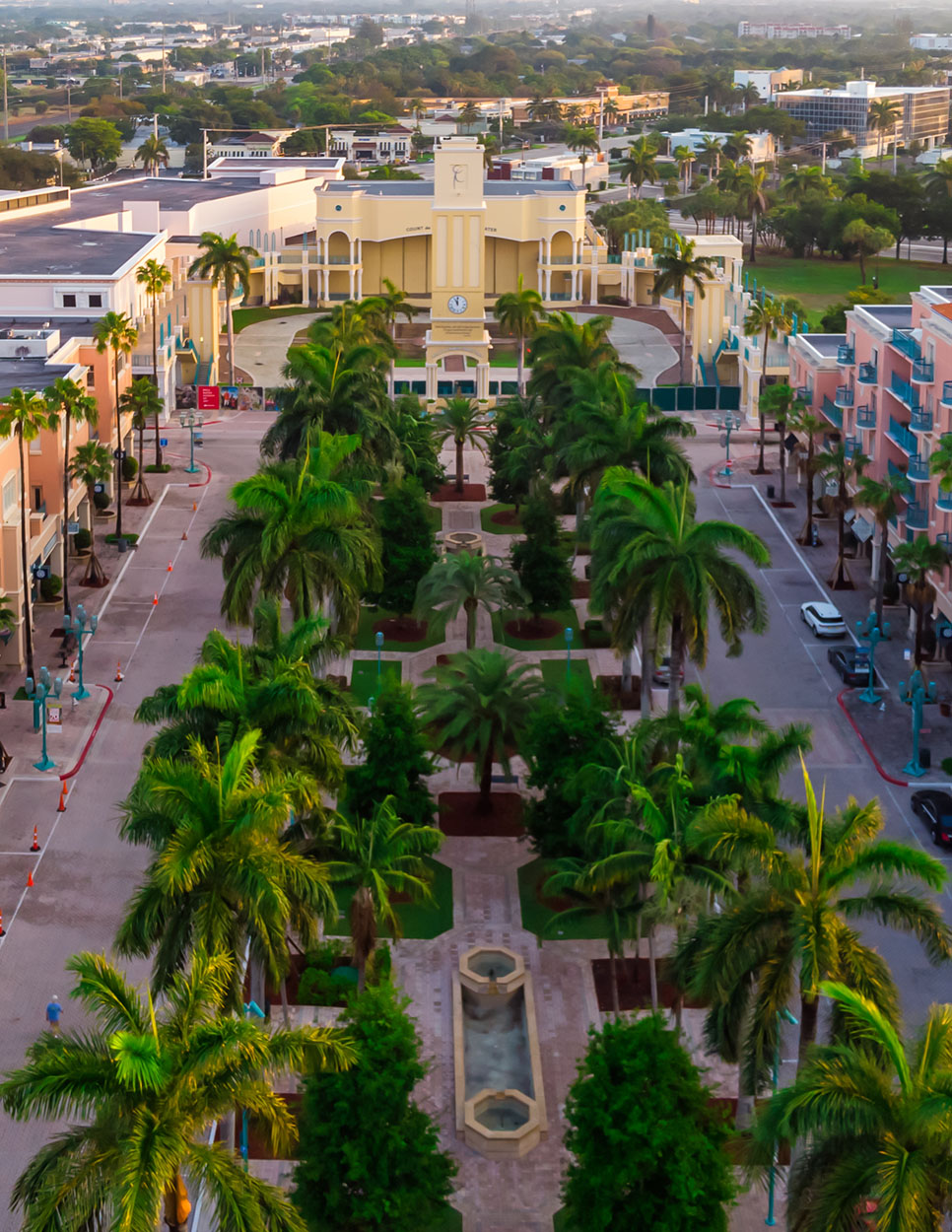 Boca Raton, Florida/USA - April 18, 2020: Aerial view on Mizner Park lifestyle center in downtown Boca Raton, Florida at sunrise.