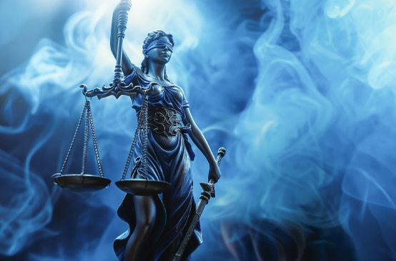 Lady Justice statue with blue smoke.