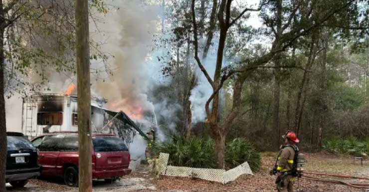 Man and two cats escape unharmed as RV trailer erupts in flames