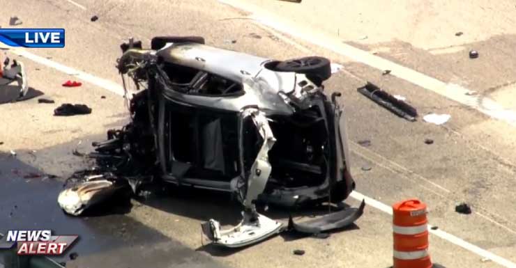 Several SB lanes blocked after vehicle crashes, bursts into flames on I-95 near Stirling Road