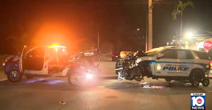 Fort Lauderdale police vehicle left scorched after colliding with another police car on Las Olas Boulevard