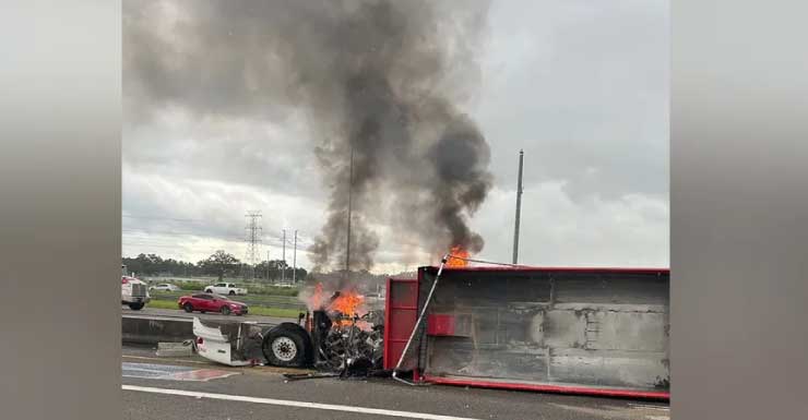 Tractor-trailer bursts into flames after slamming into median