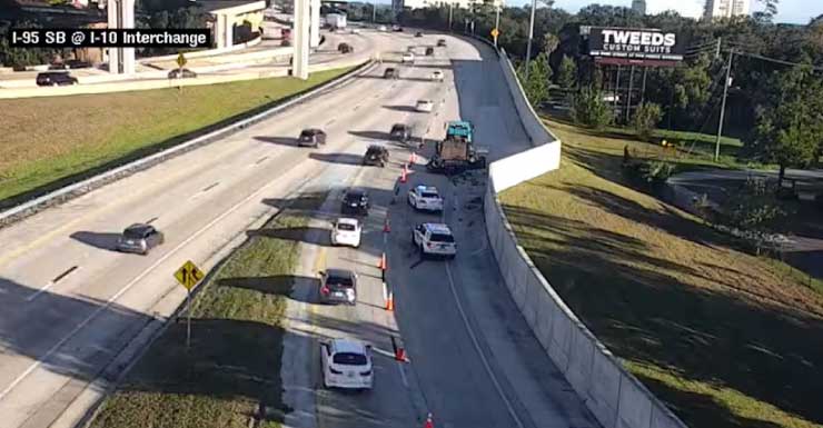 Crash on I-10 East in Duval County, ramp to I-95 South, off-ramp right lane blocked