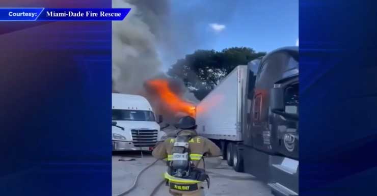 Crews put out tractor-trailer fire in Opa-locka, contain fuel leak; no injuries