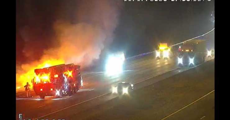 Amazon truck fire on shoulder of I-10 west slows traffic Monday evening