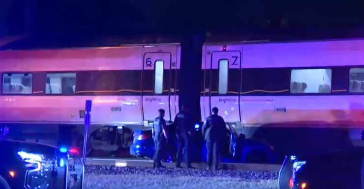 Brightline train strikes car that got stuck on tracks in Hollywood
