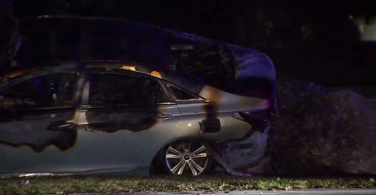 3 teens hospitalized after car slams into wall and catches fire in West Miami-Dade
