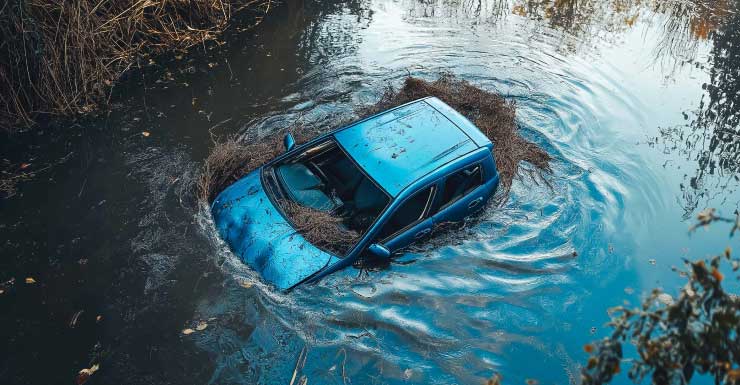 Car ends up in ditch in front of shopping plaza in Panama City