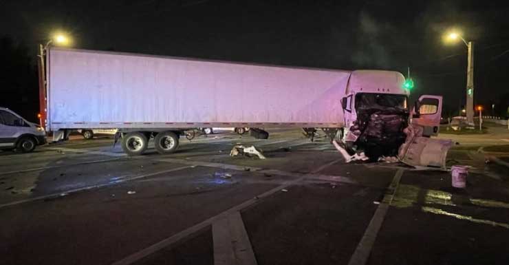 Semi-truck and dump truck collision shuts down westbound lanes of Southern Blvd.