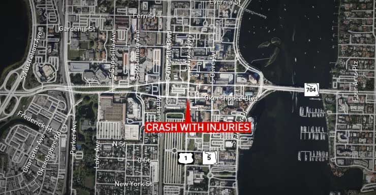 Injury crash snarls Downtown West Palm Beach traffic