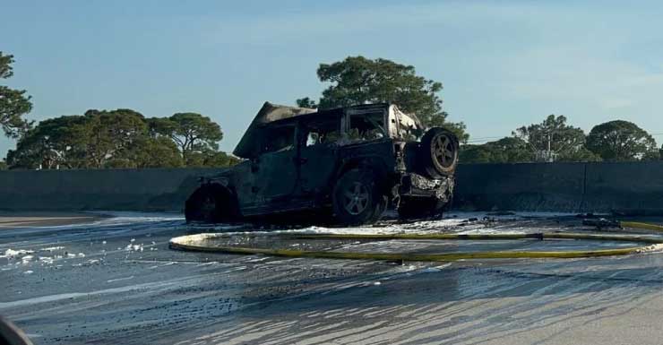 Jeep engulfed in flames blocks lane on southbound I-95 near Fort Pierce