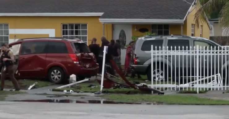 4 hospitalized after violent chain-reaction crash that caused parked car to hit wall of SW Miami-Dade home