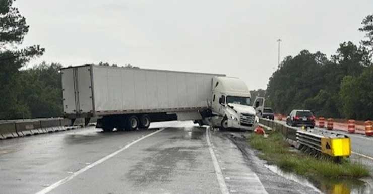 Semi truck hydroplanes, hits concrete barrier on I-10 in Escambia County